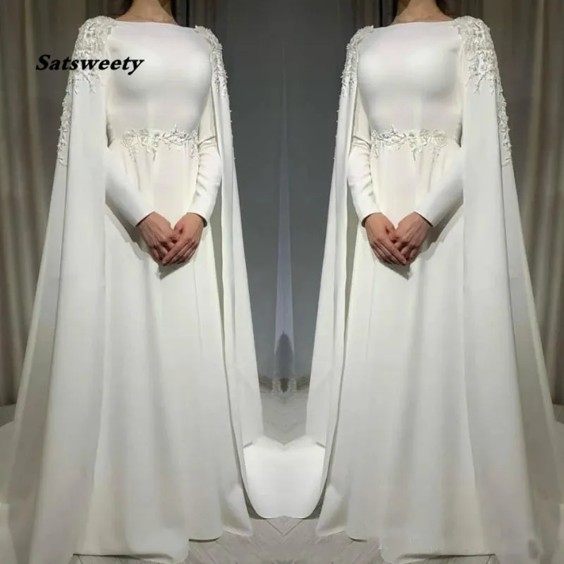 White Muslim Wedding Dress With Cape A Line Long Sleeves Bride Dress Lace Appliques Sweep Train Wedding Vestidos