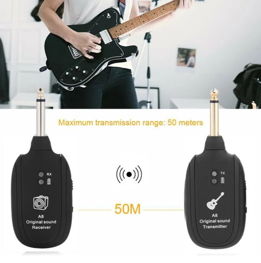 A8 Wireless Guitar System Rechargeable Transmitter Receiver for Electric Bass Guitar Ultra high Frequency 50M Range