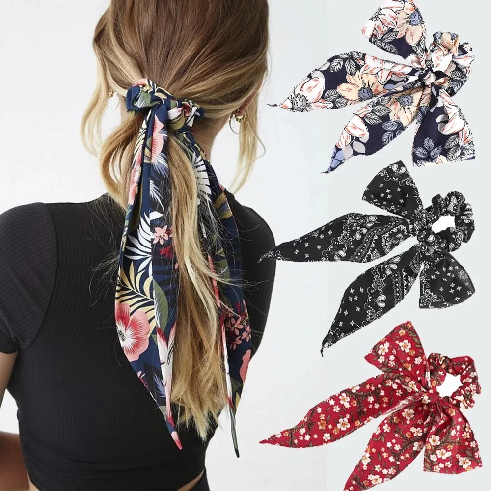 Krawaty Kwiatowy Print Scrunchies Dla Kobiet Elastyczne Włosy Bands Streamery Łuk Lina Włosów Moda Akcesoria do włosów 1 PC = 8 sposobów na noszenie