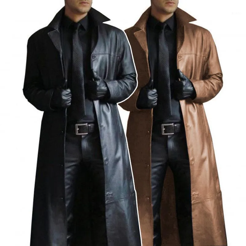 Mode mannen middeleeuwse steampunk lange lederen jassen vintage herfst winter bovenkleding faux lederen trenchcoat cardigans mannen jas1