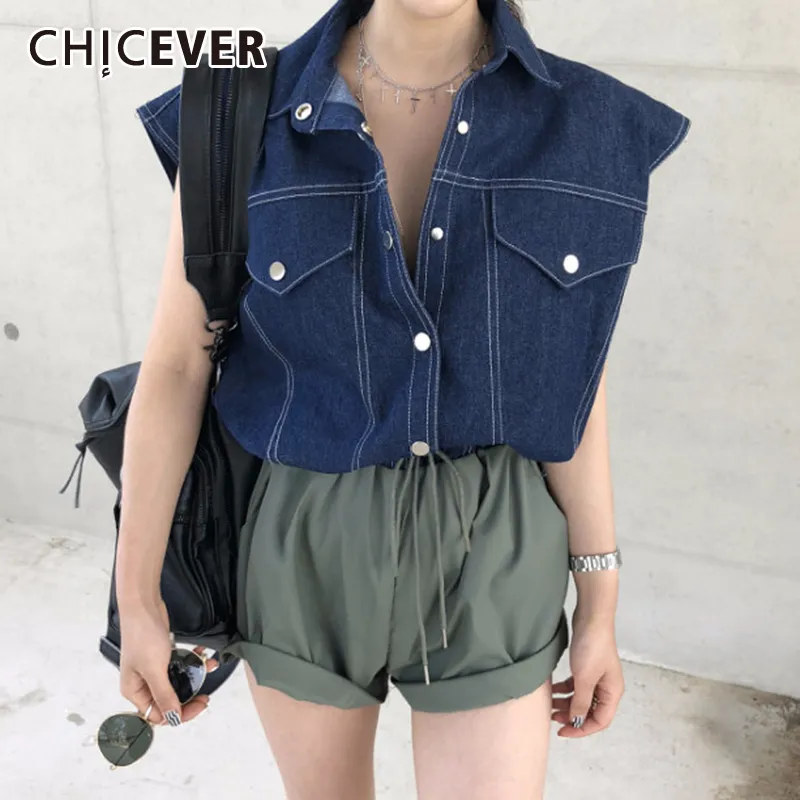 CHICEVER Koreanische Patchwork Hit Farbe Denim Frauen Overall Revers Kragen Ärmellose Hohe Taille Spitze Up Lose Overall Weibliche 2020 T200704