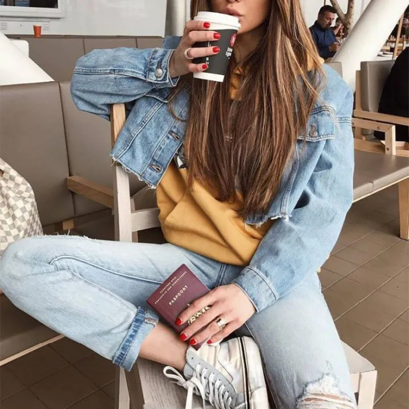 Veste en jean de recadrage manteau en jean decontracte a manches longues pour femmes bouton vintage crop top