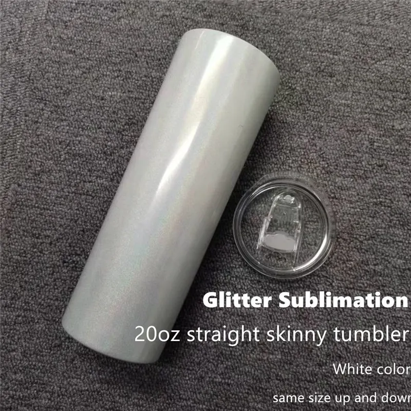 20oz Glitter Sublimation Rak Skinny Tumbler Rostfritt Stål Vakuum Slim Cup med lock Straw Kaffe Kopp Sjöfart