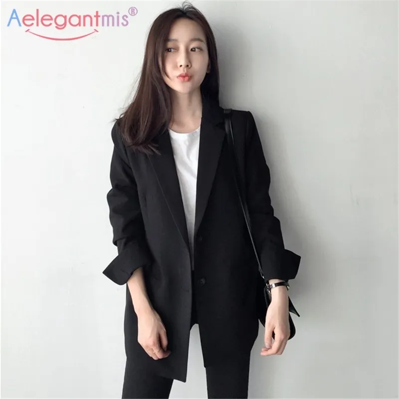 Aelegantmis 우아한 긴 소매 슬림 블레이저 자켓 여성 캐주얼 블랙 outwear 봄 가을 레이디 사무용 슈트 블레이저 플러스 사이즈 201023