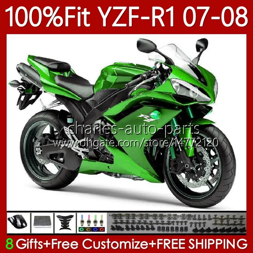 OEM-Verkleidungsset für Yamaha 100 % passend für YZF-R1 YZF1000, glänzend grün, YZF R1 2007–2008, Karosserie 91Nr