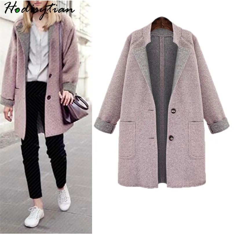 Hodisytian Spring Fashion Women Wool Blends Coat Elegant Casual Loose Pink Jacket Outerwear Female Cashmere Overcoat Plus Size 201215