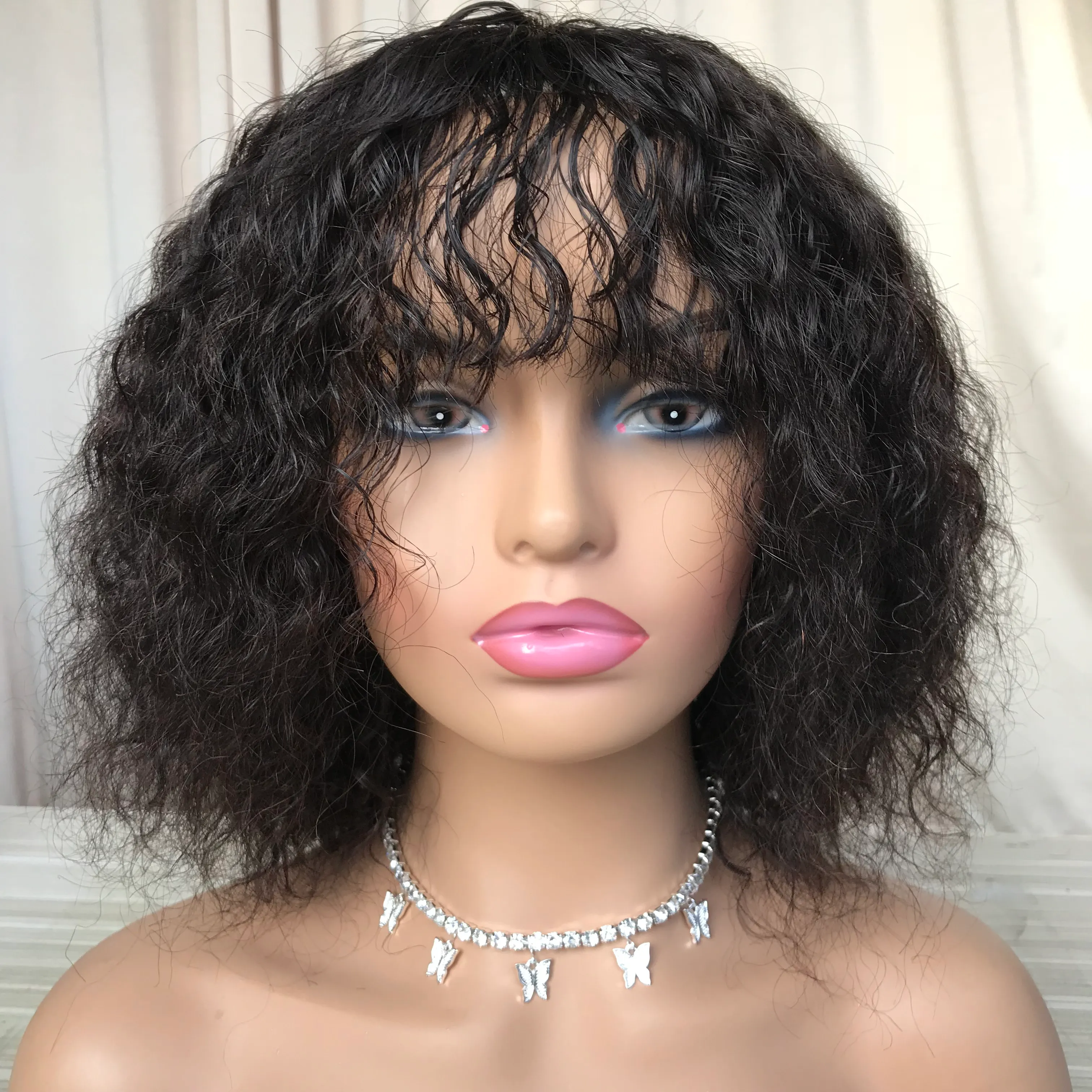 Brazilian Water wave Human Hair Wigs with Bangs Peruvian Curly None Lace Wigs Indian Hair Malaysian Hair Wigs For Women