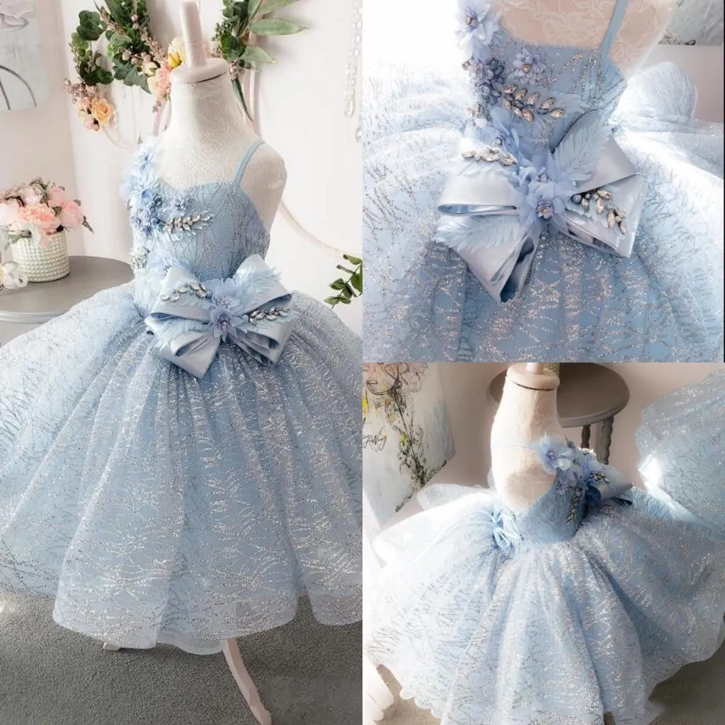 2020 Glitter Tulle Costoso Abiti da spettacolo per ragazze Fiocco Fiori Strass Abiti da ballo Flower Girl Dress Party Birthday Graduation Dress