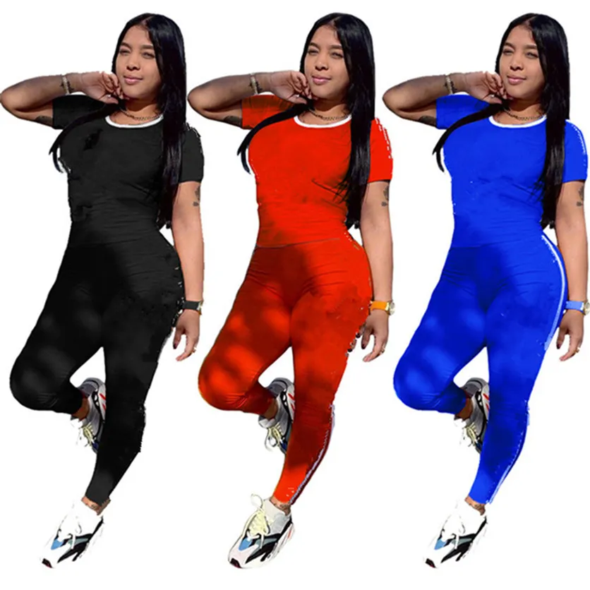 Plus Size 2XL Summer Sportswear Mulheres Jogging Terno Duas Peças Set Carta Tracksuit Manga Curta T Camiseta + Calças Casual Outfits Preto 2757