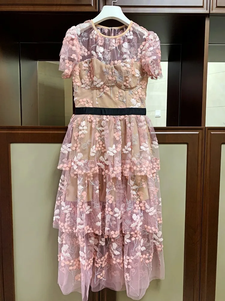 Elegant-Ruffles-Short-Sleeve-Pink-Mesh-Floral-Embroidery-Long-Party-Dress-2019-Summer-Women-High-Quality (1)