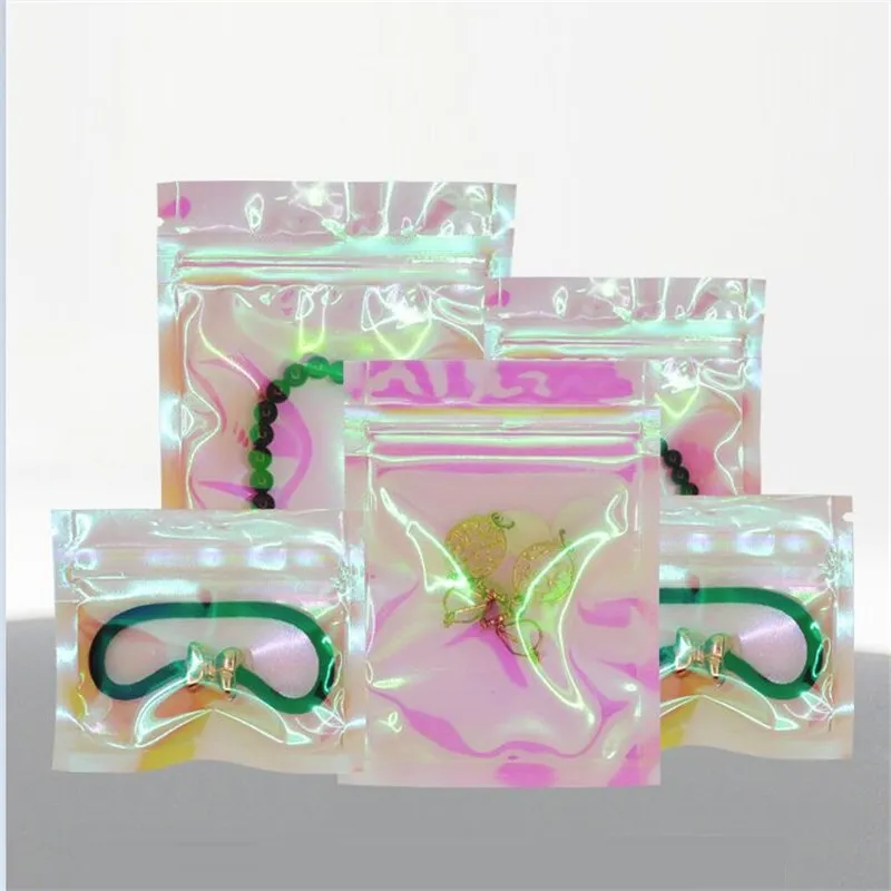 100st Aluminiumfolie Hologramväskor Självförseglingsmat Förvaringsväska Reclosable Candy Pouch Förpackning Tillbehör Hem Kök