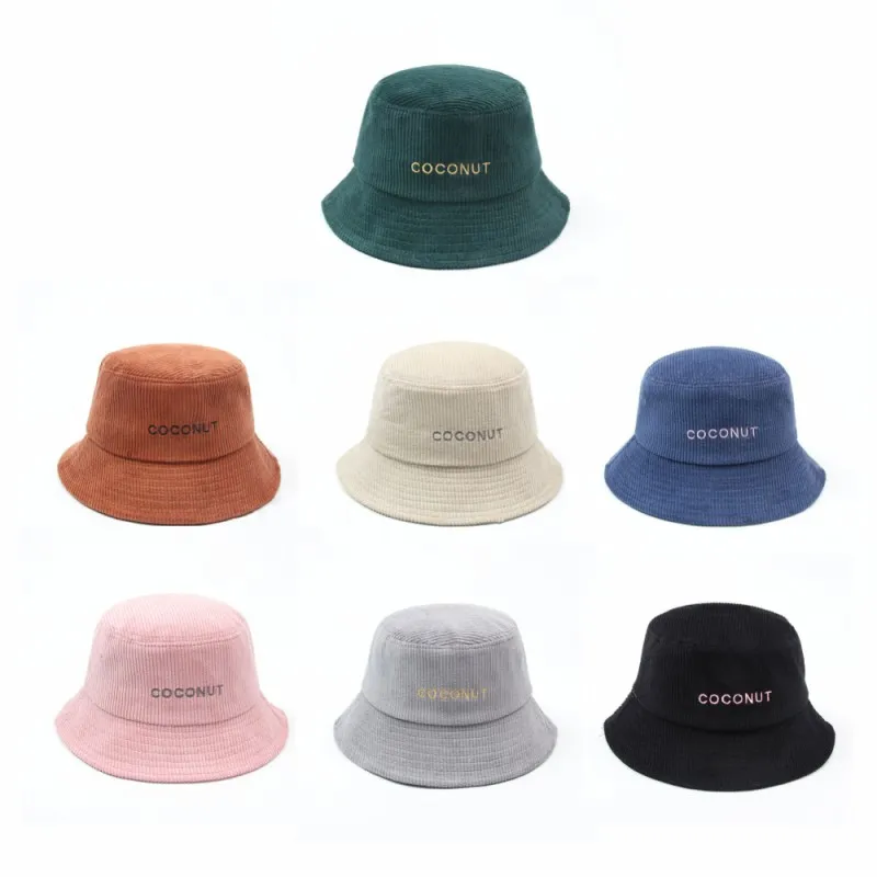 Womens Corduroy Bucket Hat Word Embroidery Packable Spring Summer Autumn Winter Beach Hats Sports Fishing Cap Solid Color Ladies Sun Vsiors