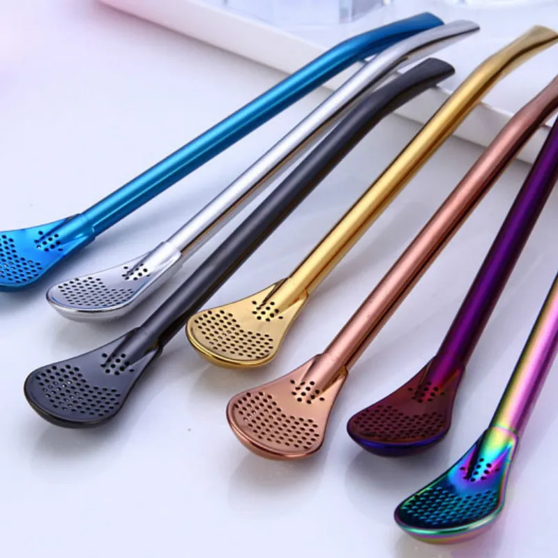 Home Stainless Steel Stirrer Drinking Straw Coffee Spoon Straws Kitchen Dining Barware Rose Gold Rainbow will and sandy