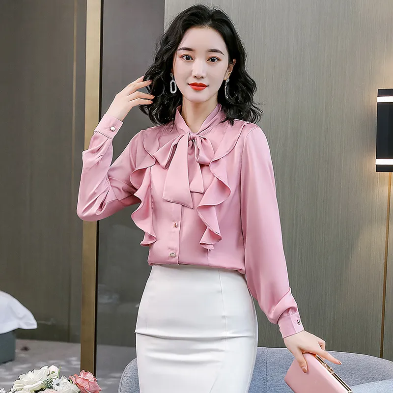 pink chiffon blouse with bow