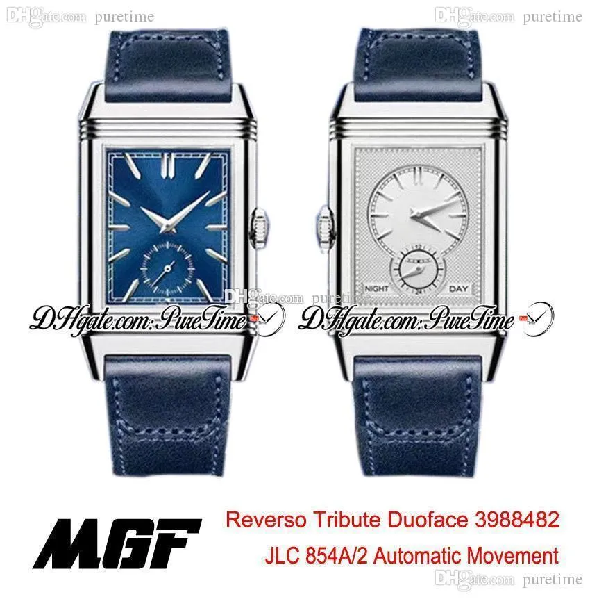 MGF Reverso Tribute Duoface 398258J JLC 854A/2 Автоматические мужские часы со стальным корпусом Синий белый циферблат Синий кожаный ремешок PTJL New Puretime 5A01d4