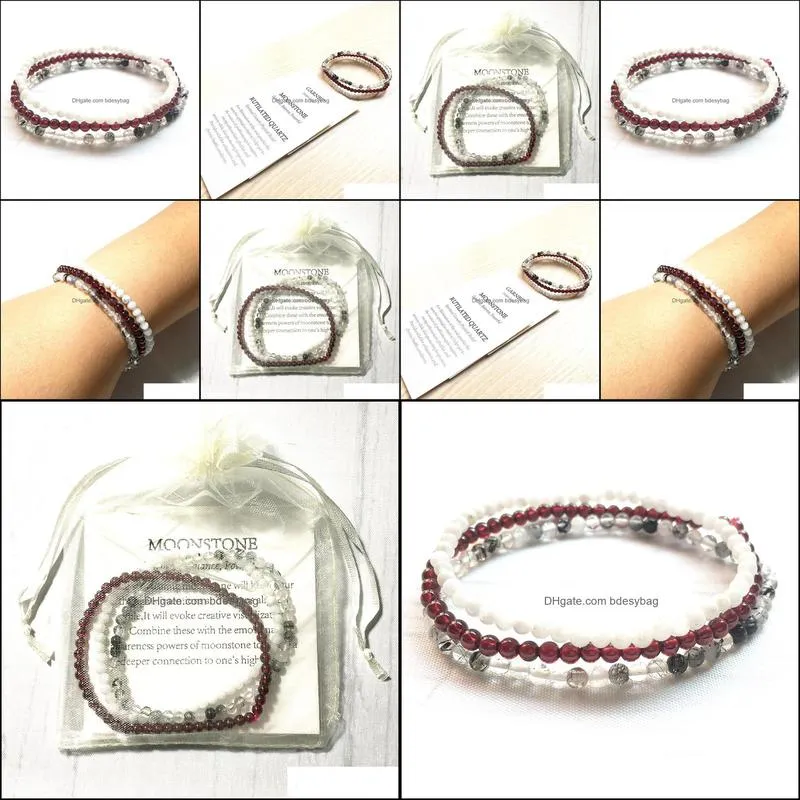 MG0128 A Grade Moonstone Garnet Bracelet Rutilated Quartz Yoga Mala Beads Bracelet 4 mm Mini Gemstone Jewelry Set