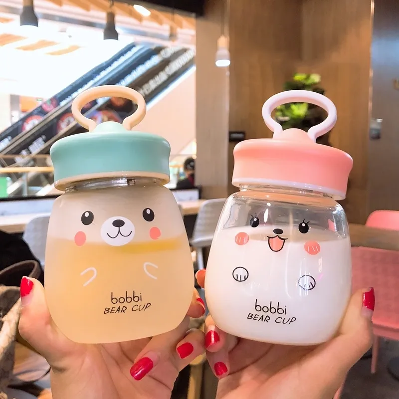 Kawaii Glass Water Bottle Portable Cute Bear Cup With Tea Strainer Leak-proof Drinking bottle For Girl Students Kids 201127