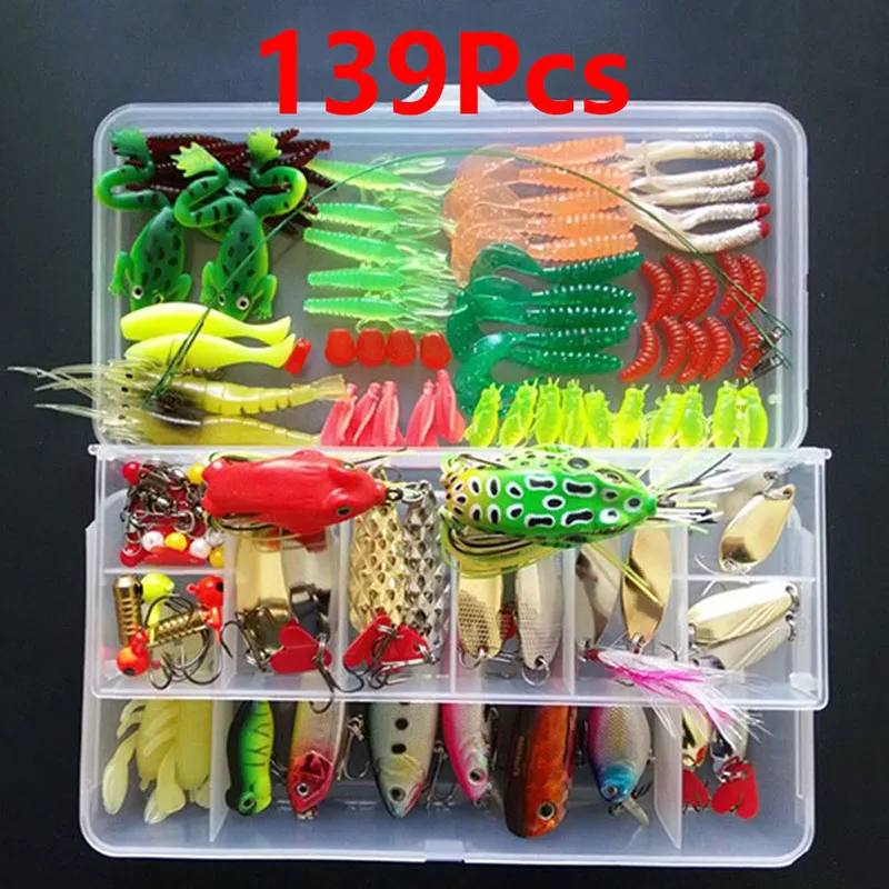 140 pz Kit di esche da pesca d'acqua dolce Scatola per attrezzatura da pesca con attrezzatura inclusa Esche per rana Cucchiai da pesca Esca per matita per acqua salata Grassh316A