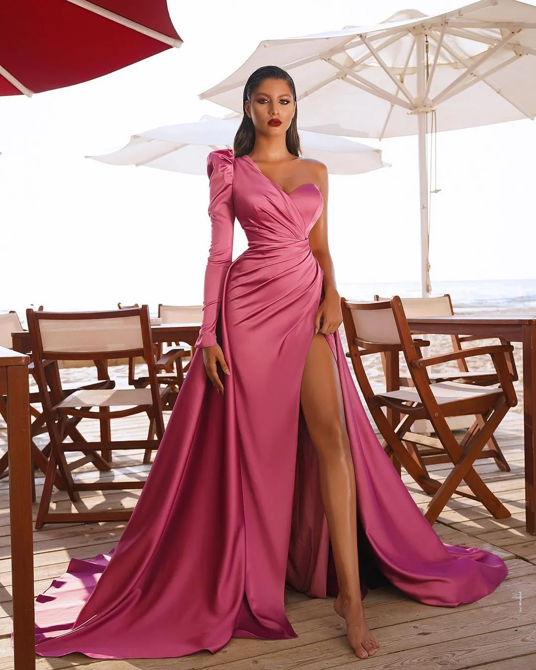 Mermaid One Sleeve Prom Dress With Detachable Train One Shoulder