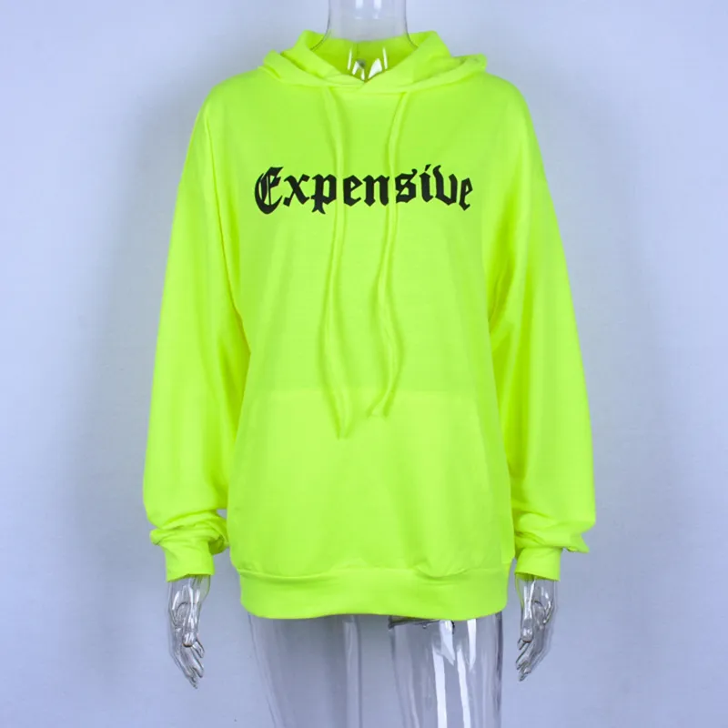 Automne Chaud Casual Femmes Hoodies Neon Vert Lâche À Capuche Hoodies Lettre Imprimer Poches Longs Pulls Lady Streetwear GV645 201030