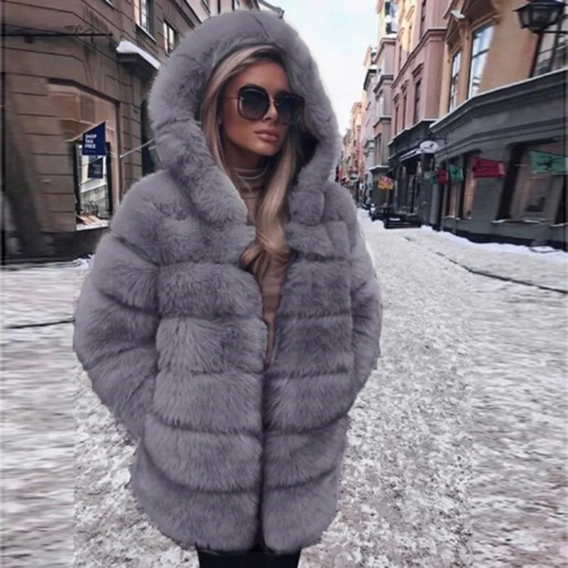 Moda - Zima Gruba Ciepła Faux Fur Coat Kobiety Plus Rozmiar Z Kapturem Z Długim Rękawem Faux Fur Kurtka Zimowe Płaszcze