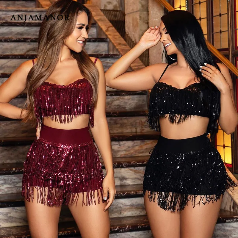 ANJAMANOR Sexy Club Conjunto de dos piezas Lentejuelas Fringe Glitter Beach Party Trajes 2 piezas Conjunto Mujeres Falda Crop Top Conjuntos a juego D47AG92 T200623