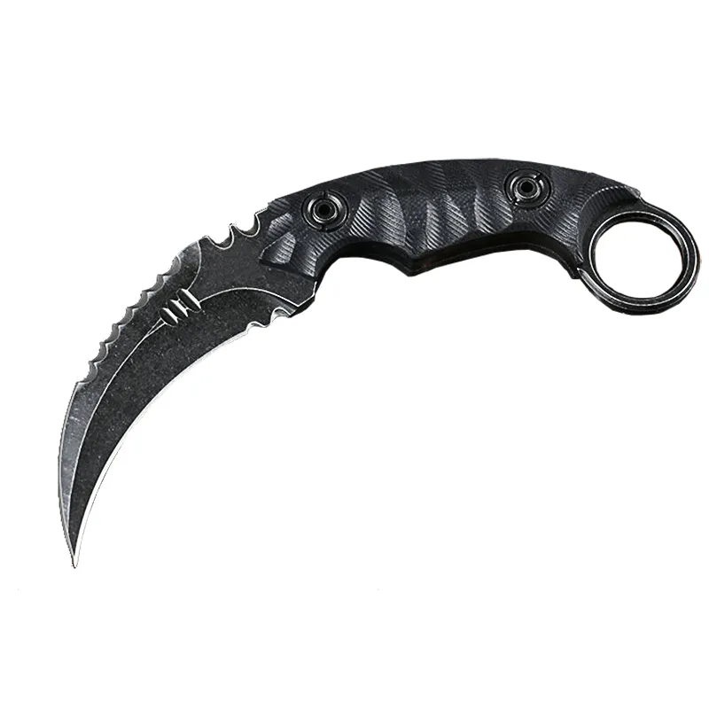 Karambit-Messer D2 Satin / Black Stone Wash-Klinge, schwarzer G10-Griff, Klauenmesser mit Lederscheide H5458