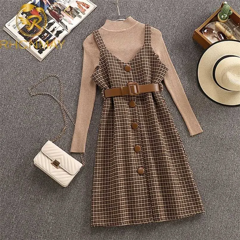 Herbst Winter Frau Lange Ärmel Gestricktes T-shirt + Tweed Mischung Plaid Kleid 2 stücke sets Weibliche Outfits Kostenloser Gürtel 211221