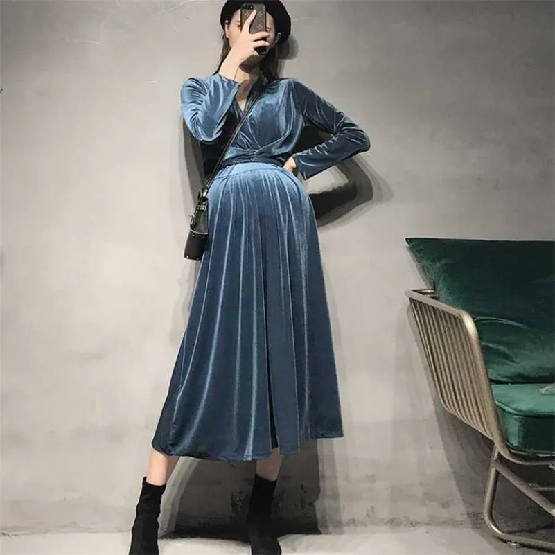 Velvet blue Velvet maternity dress - Elegant V-Neck High Waist Slim Fit Pregnancy Clothing for Plus Size Women (2020 Fashion)