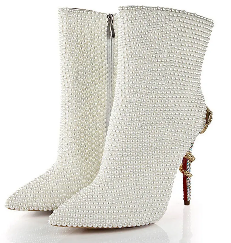 Full Glossy White Pearl Ankle Boots Crystal Gold Snake Twined High Heels Pointed Toe Woman Winter Plush Short Wedding Boots