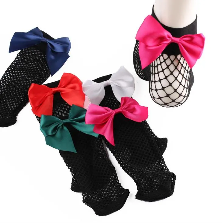 Women Black Fishnet Sock With Bowknot Fancy Dress Elastic Hollow Out Sexy Mesh Net Ankle Socks Classic Hosiery