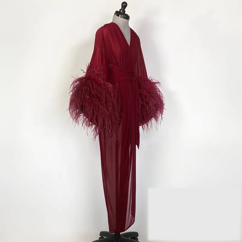 Luxury Burgundy Ostrich Feather dress night dress...