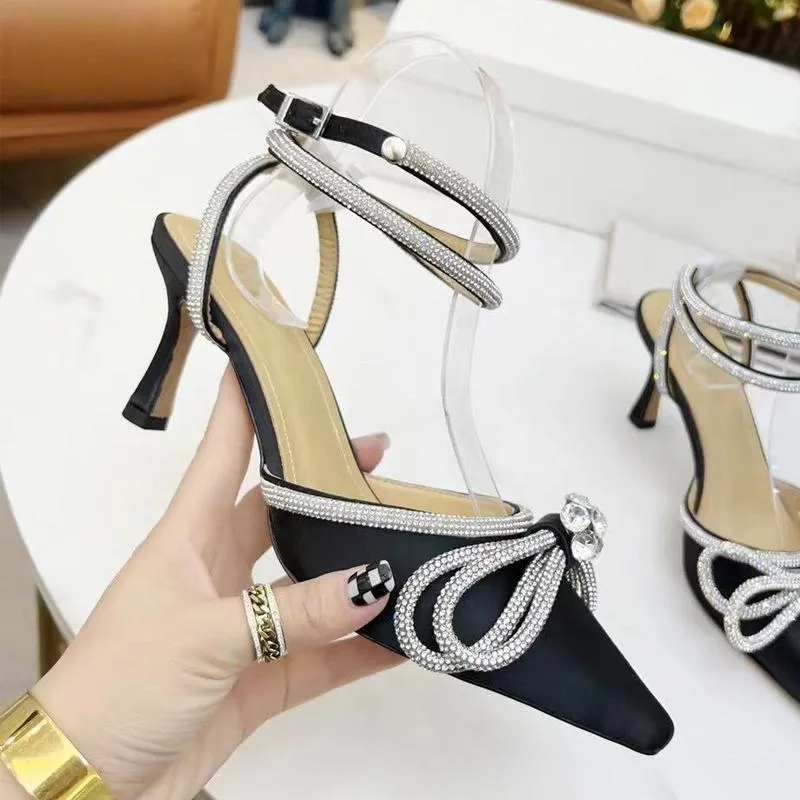 fashion High heeled sandals 100% Leather summer Women Fine heel Heels 6cm sexy Pearl shoe Satin Womens Shoes cloth lady Diamonds Pointed shoes Large size 35-42 With box