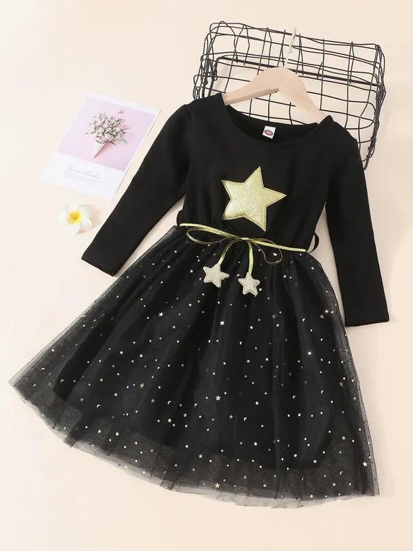 Toddler Girls Star Patched Contrast Mesh Rope Belt Klänning Hon