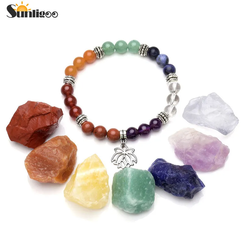 Sunligoo Dropship 7 Chakra Healing Crystals Natural Rough Raw Stone Chakra Armband Meditation Set Reiki Energy Yoga Stone Set 201125