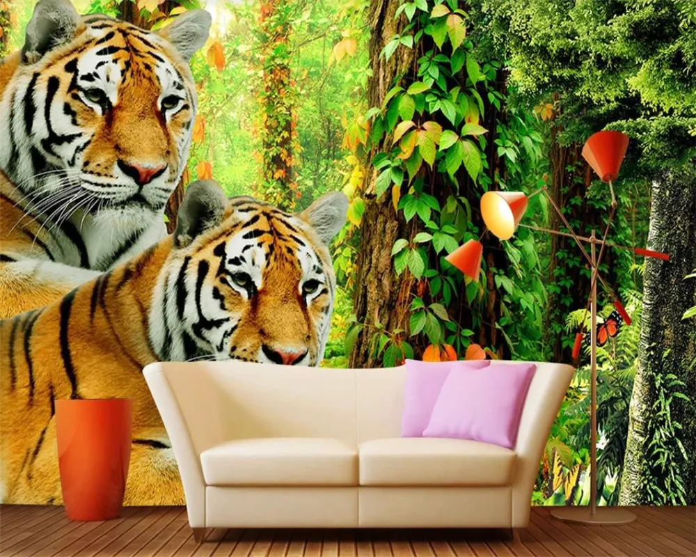 3D Обои животных Обои Джунгли Пещеный 3D Обои Обои Жестокий Лес Тигр Пользовательские 3D фото Обои Главная