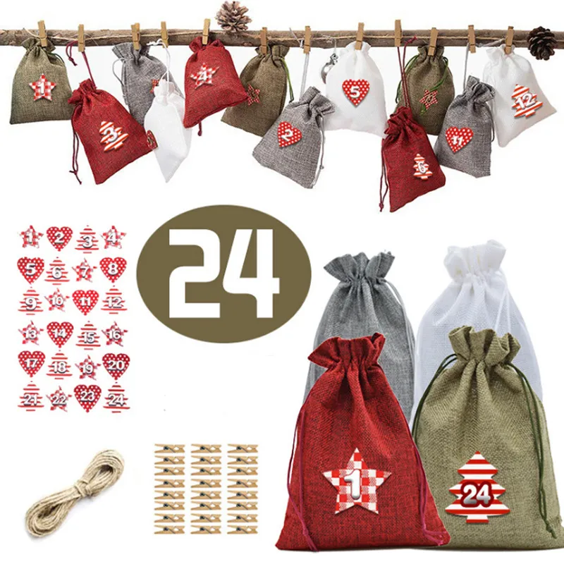 Natal advento calendário sacos conjunto 24 dias serapilheira presente cordão sacos diy decoração de natal com clipes jk2011xb