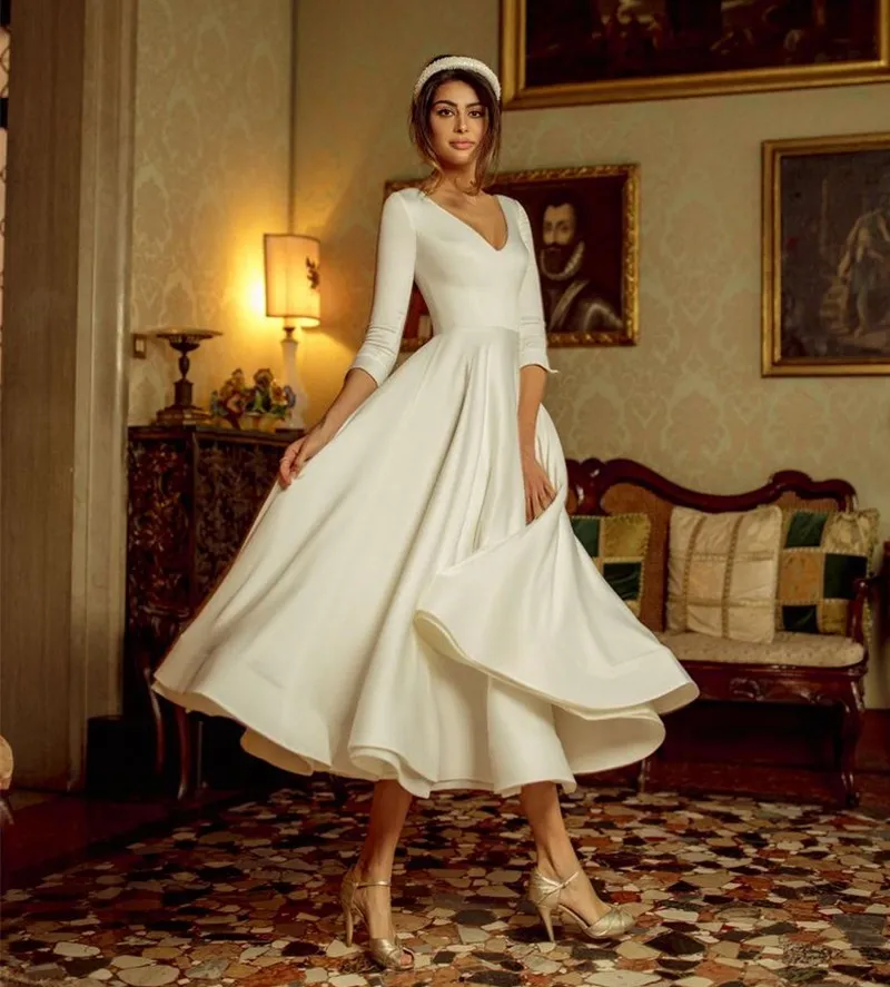 Elegant Satin Tea-Length Tea Length Wedding Dress with Half Sleeves - Perfect for Beach Boho Bridal Gowns and Princess Parties