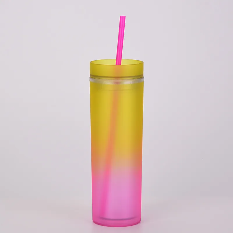 Plastic Gradient Straight Skinny Tumblers Cups 16oz Double Wall Colorful Portable Acrylic Tumbler Mugs With Straw And Lid