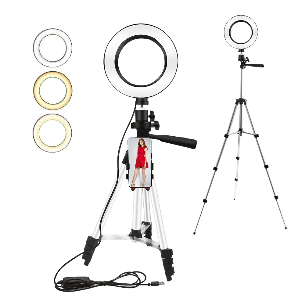 3 Modes Demmiable Led Ring Light 16cm/6.3inch Diameter Ring Light With Phone Holder Camera Ring Lamp With 104cm Stand Tripod
