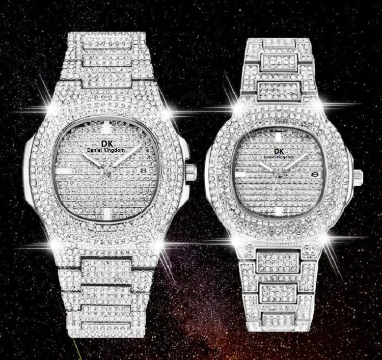 Moda homens mulheres diamante wathes gelado fora quadrado designer de quartzo homens e senhora relógio relógio de aço inoxidável