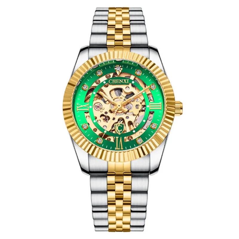 Chenxi Męski Zegarek Ze Stali Nierdzewnej Ze Stali Nierdzewnej Luminous Wskaźnik Szkielet Harlowout Analog Gold Dial Automatyczny Ruch Złoty Bezel