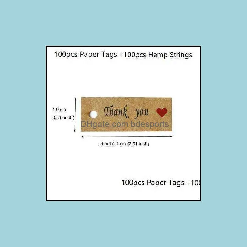 100pcs Kraft Paper Tags with Strings Handmade with Love Hang Tags Garment Tags for Candy/Gift/ Display Packing Label Card Y1230