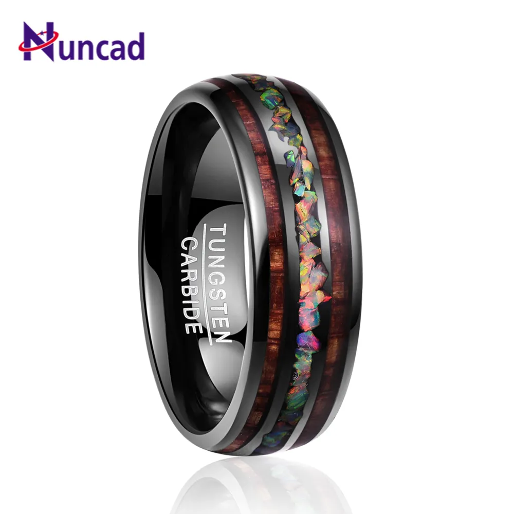 Nuncad New Hot Men 's Ring 텅스텐 카바이드 반지 오팔 하와이 Koa 나무 Komaru 폭 8mm 컬러 무지개 텅스텐 스틸 반지 B1205