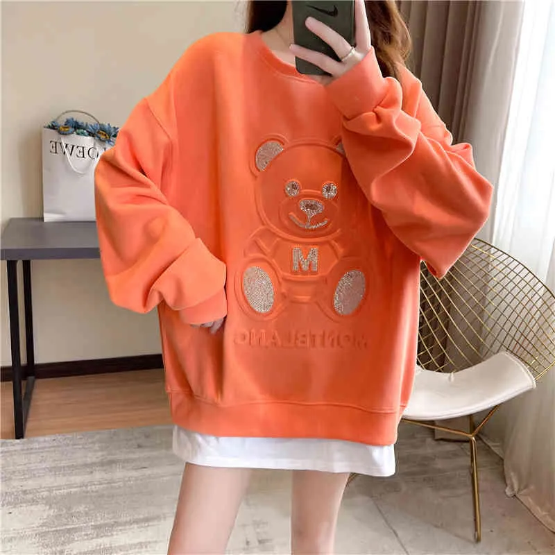 Oversized Sweatshirts Women's Loose O-Neck Hoodies Harajuku Flickor Söt björn Ladies Orange Beige Långärmad Pullovers