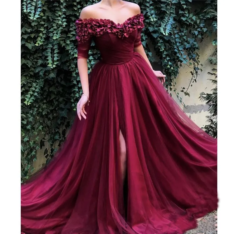 Sexy Off Shoulder Burgundy Prom Dresses Floor Length 2021 New Hand Made Flowers Front Split Cheap Long Formal Evening Gowns Half Sleeve