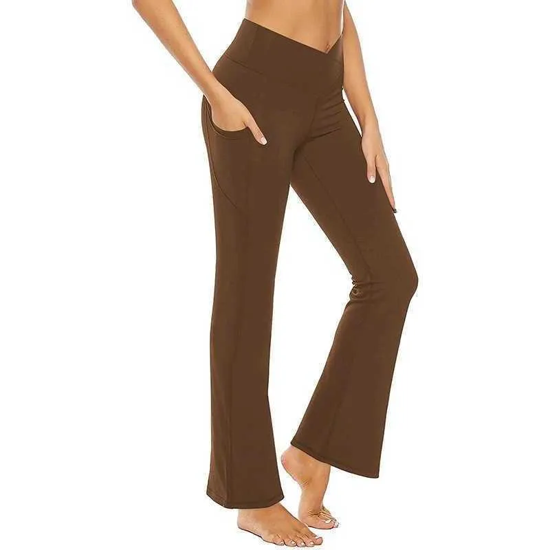 V-waist Yoga Leggings Horn Trouser High Waist Belt Two Side Pockets Women