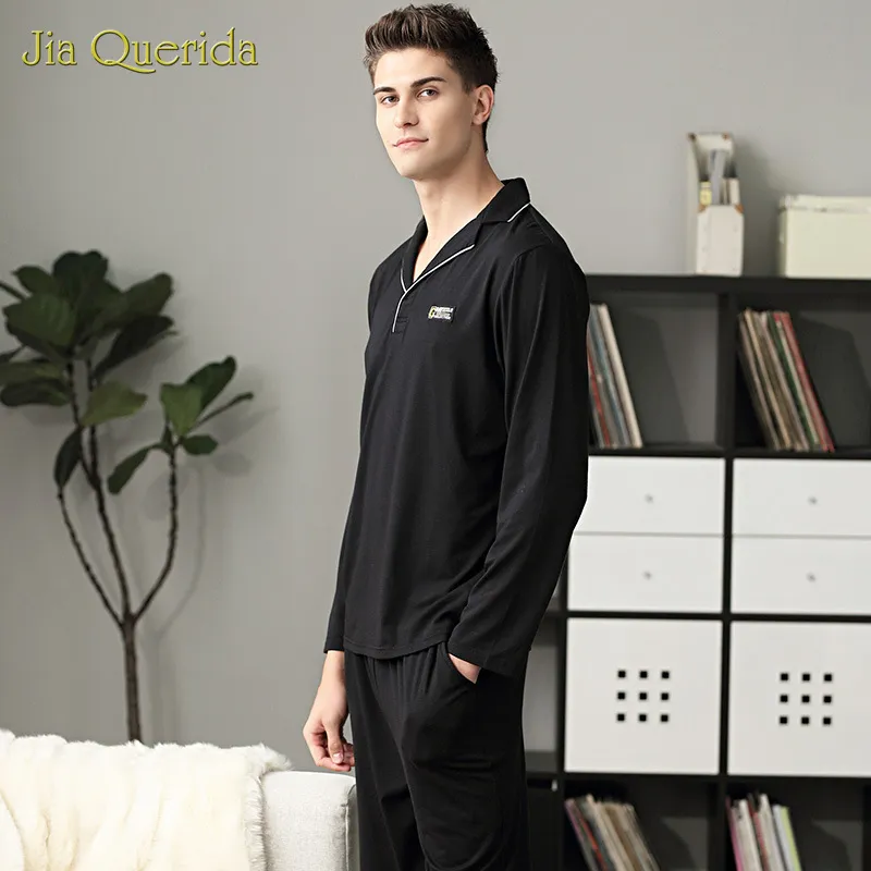Pajamas Mężczyźni Luksusowy Odzież do domu Elegancka Modal Bawełna Mężczyźni Pleasear Czarny Solidna Długie Rękaw Lapel Design Plus Size Mens Pajama LJ201113