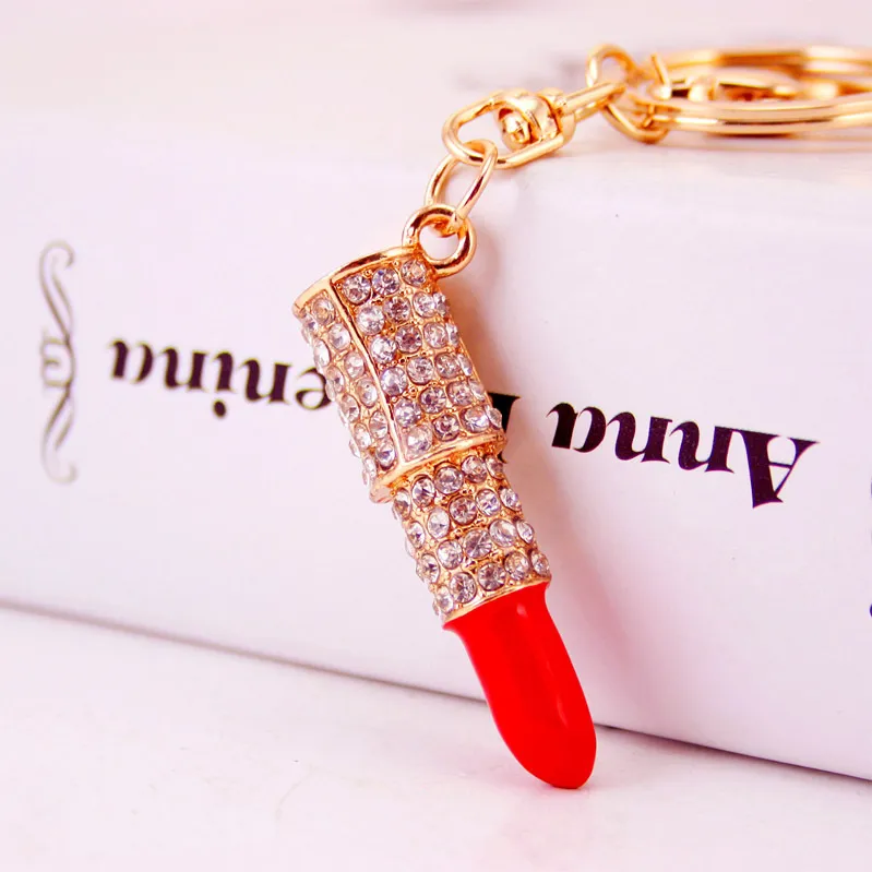 Charm Crystal Keychain Lipstick Key Holder Rhinestone Keyring Red Rose Pendant Car Ornament Accessories 5 styles