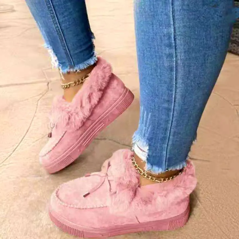 2021 Nya Kvinnor Snö Stövlar Tjock Plush Winter Warm Bean Shoes Fashion Slip On Flat Women Ankel Boots Soft Cotton-Padded Skor